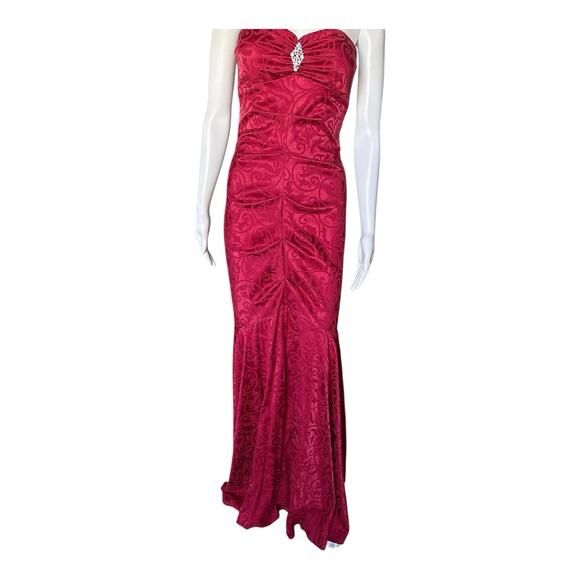 Xscape Red Strapless Brocade Mermaid Gown Rhinestone Formal Dress Size 4 - Picture 5 of 9